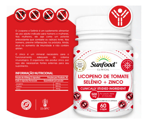 Licopeno De Tomate Selênio Zinco 450 Mg Sunfood 60 Cápsulas