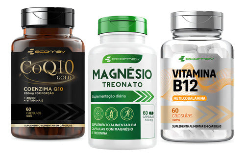 Kit Suplemento Coenzima Gold + Treonato + Vitamina B12 Metil 500mg Sem Sabor Ecomev