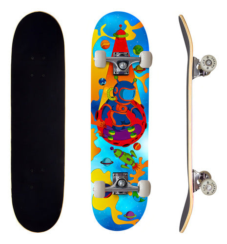 Skate Montado Completo Street Semi Profissional PRO-1 Maple Azul Astronauta 100KG Life Dreams