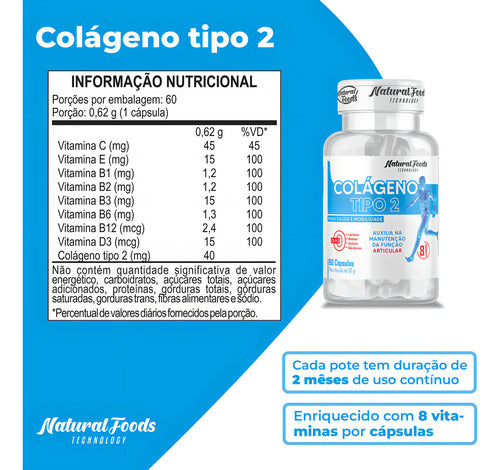 Natural Foods Pote Colageno Tipo 2 + Vitaminas Joelho E Articulação 60 Capsulas Sem Sabor