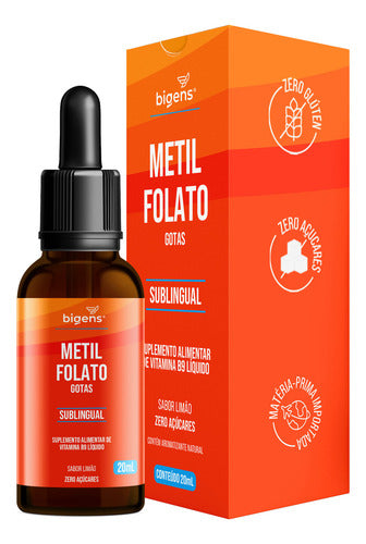 Metilfolato Vegan Vitamin Gotas Liquido, Sublingual, Ácido Fólico Ativo, Sabor Limão, 20 Ml, Bigens