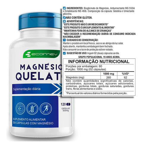 Magnesio Quelato 500mg 120cps Puro Concentrado formula avançada Ecomev