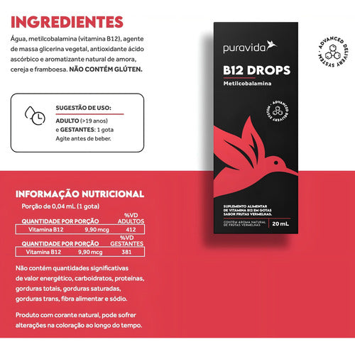 B12 Drops Metilcobalamina 20ml Sabor Frutas Vermelhas Puravida