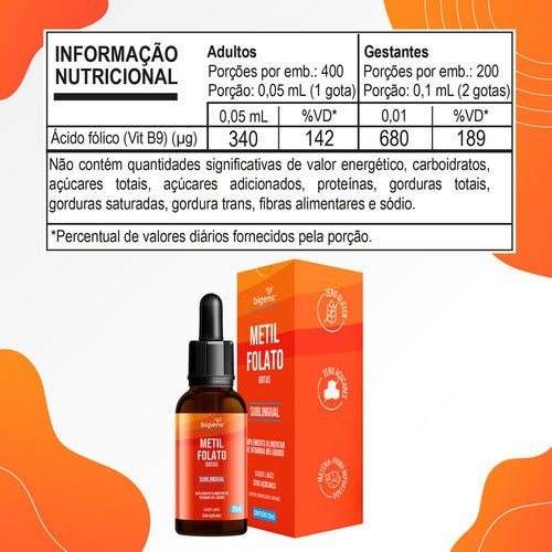 Metilfolato Vegan Vitamin Gotas Liquido, Sublingual, Ácido Fólico Ativo, Sabor Limão, 20 Ml, Bigens