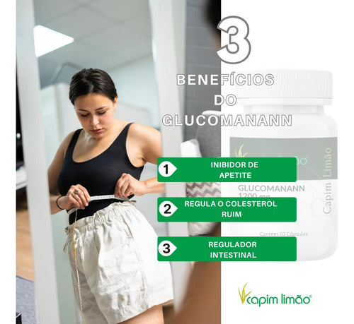 3 Glucomanan 1200mg 120 Capsulas 60 Doses Sabor Sem sabor
