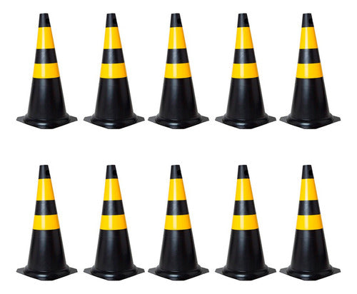 Kit Com 10 Cones Em Pvc Rígido 75 Cm Preto E Amarelo