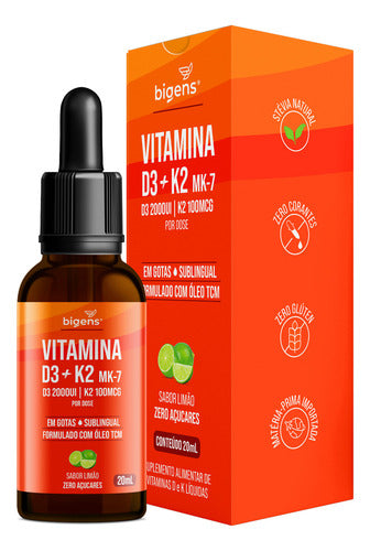 Vitamina D3 + K2 Mk-7, Em Gotas, Sublingual, D3 2000ui | K2 100mcg, Sabor Limão, 20ml, Bigens