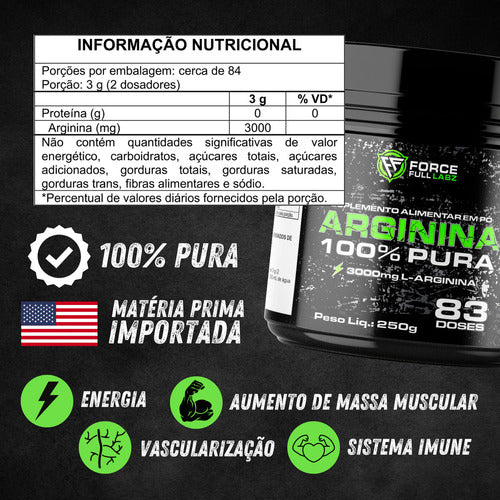 L - Arginina Em Pó 3000 Mg Ultra Concentrada 100% Pura 250g Vasodilatador - Force Full Labz