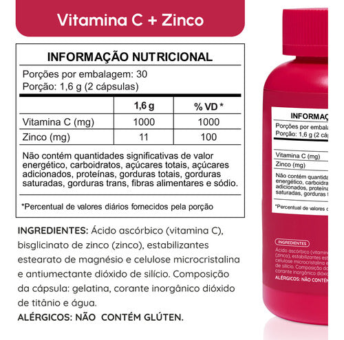 Vitamina C 1g com Zinco Suplemento alimentar com 60 cápsulas Vhita