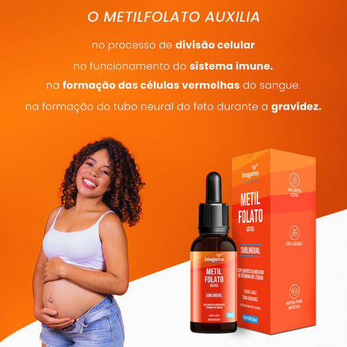Metilfolato Vegan Vitamin Gotas Liquido, Sublingual, Ácido Fólico Ativo, Sabor Limão, 20 Ml, Bigens