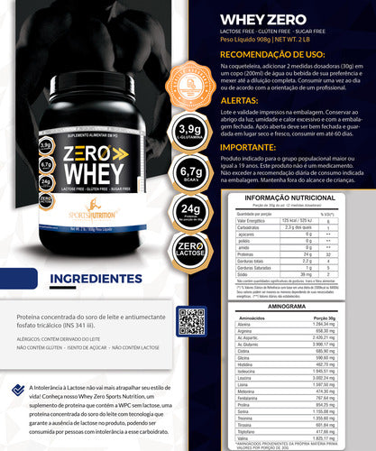 Whey Zero Lactose, Glúten E Açúcar - Fórmula Avançada Com 24g De Proteínas Por Dose E Insumos Importados - 908g