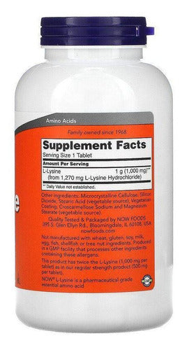 Lisina Now Foods 1000 Mg Lysine 250 Tabletes Sabor Sem sabor