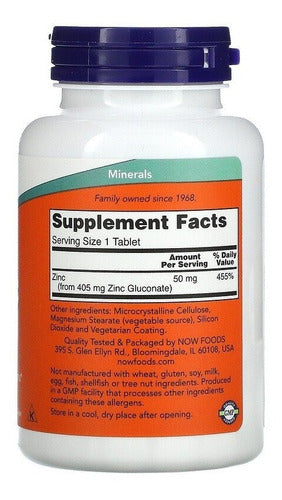 Zinco 50mg Now Foods 250 Tablets Sabor Sem sabor