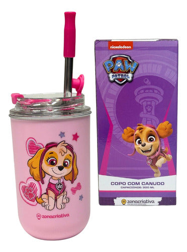 Copo Inox C/ Canudo E Tampa 300ml Patrulha Canina Skye - Zc
